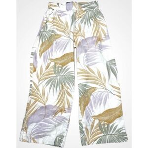 Tahari Tropical Leaf Print Linen Wide Leg Pants - Tan Sage Lavender White - M